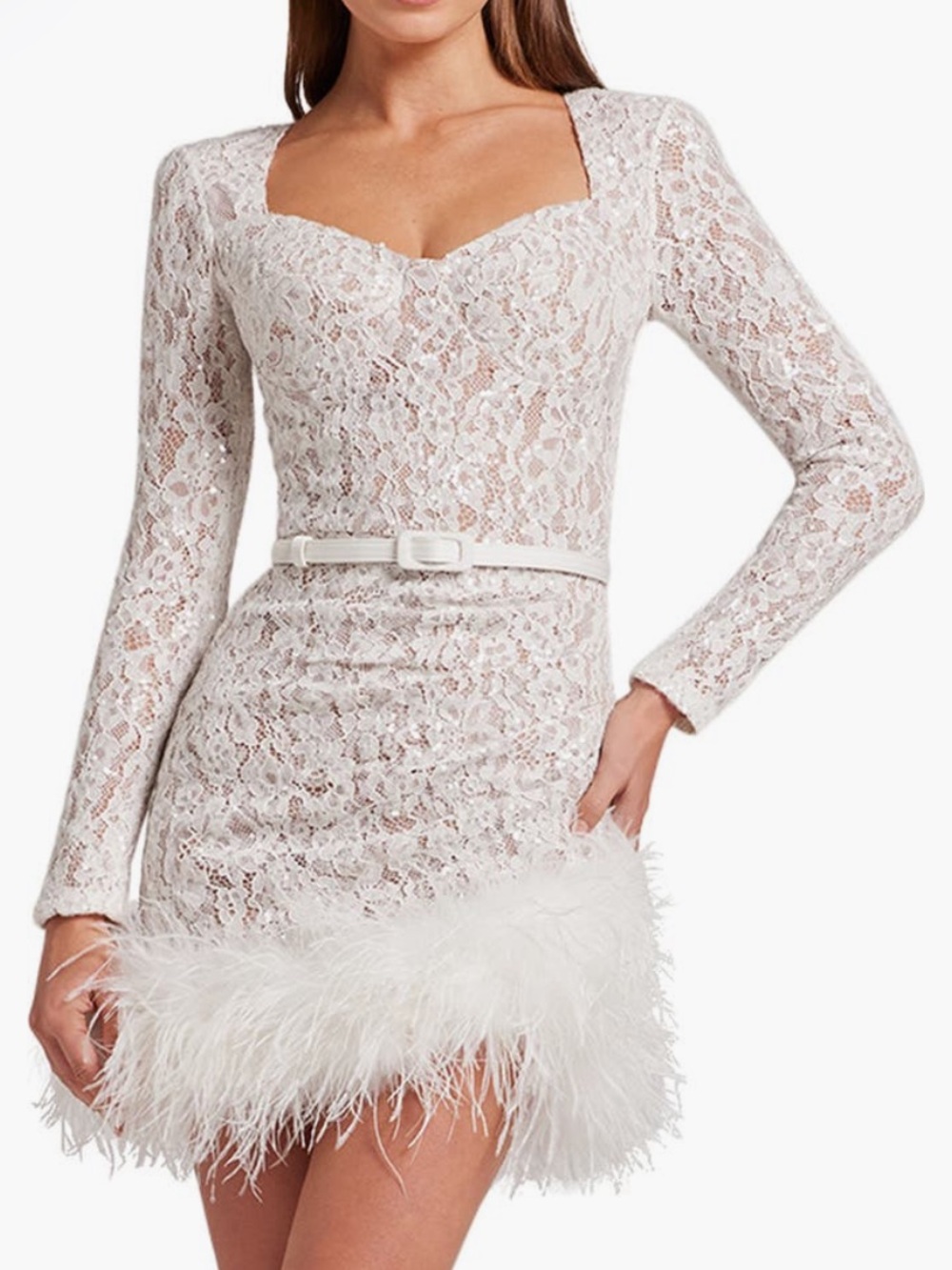 Nadine Merabi Carly Mini Dress - White Lace Feather-Hem Long Sleeve Mini Dress